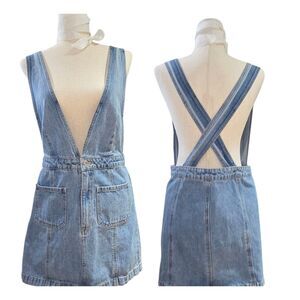 Forever 21 Denim Y2K Overall Mini Skirt Zipper Deep V Top‎ Size L Fits M /Junior